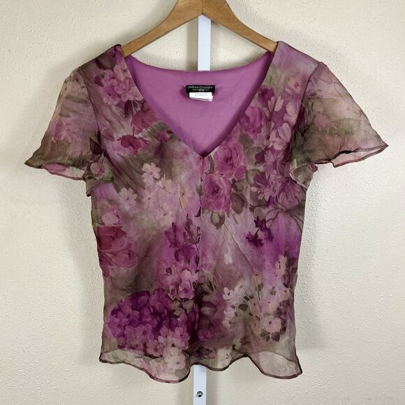 Vintage 90s Miss Dorby Floral Flutter Crinkle Top Womens 12 Whimsigoth Coquette - Picture 1 of 3